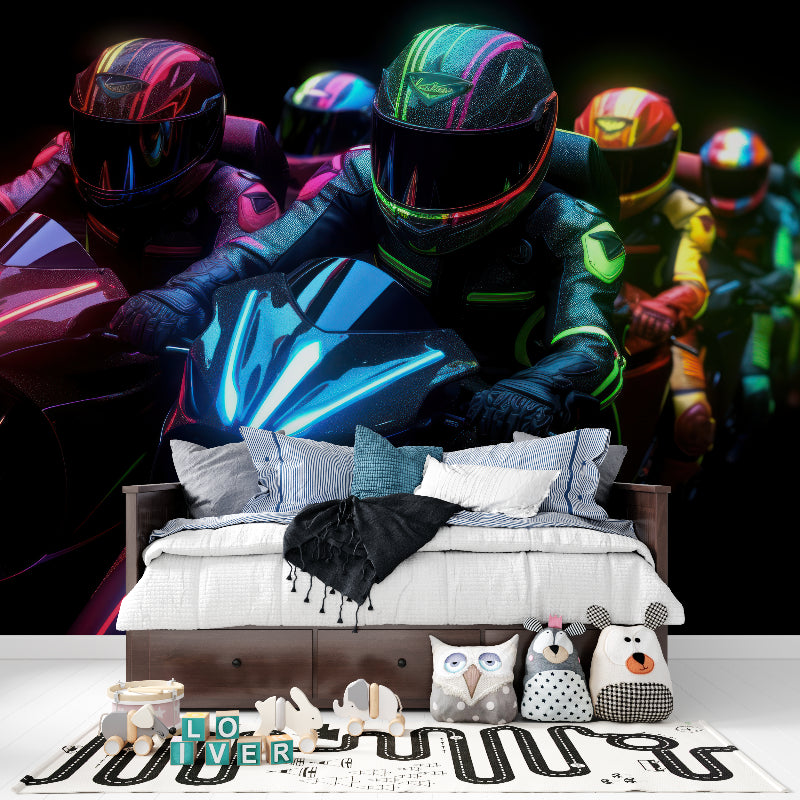 Neon motocross wall mural creating atmosphere in gaming room setup