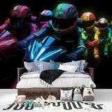 Neon motocross wall mural creating atmosphere in gaming room setup