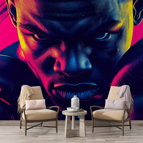 Modern sports wallpaper with neon colors displayed in a contemporary loft gym space with high ceilings and industrial lighting