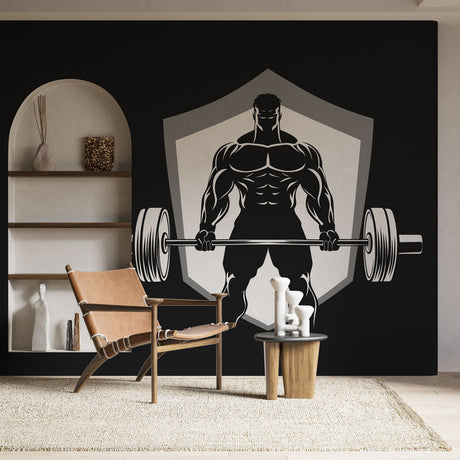 Powerlifting gym wall mural displayed in a modern home gym with training equipment and natural lighting