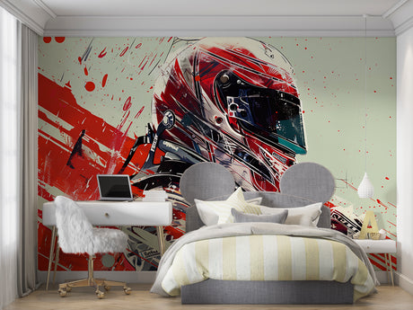 Racing helmet wallpaper brings speed and style to modern gaming room setup with LED lighting