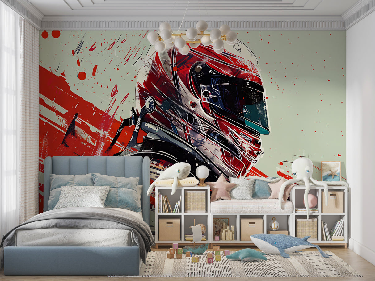 Sports themed racing mural in teen bedroom with contemporary furniture arrangement