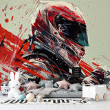 Dynamic racing helmet design transforms home office with bold red and black tones