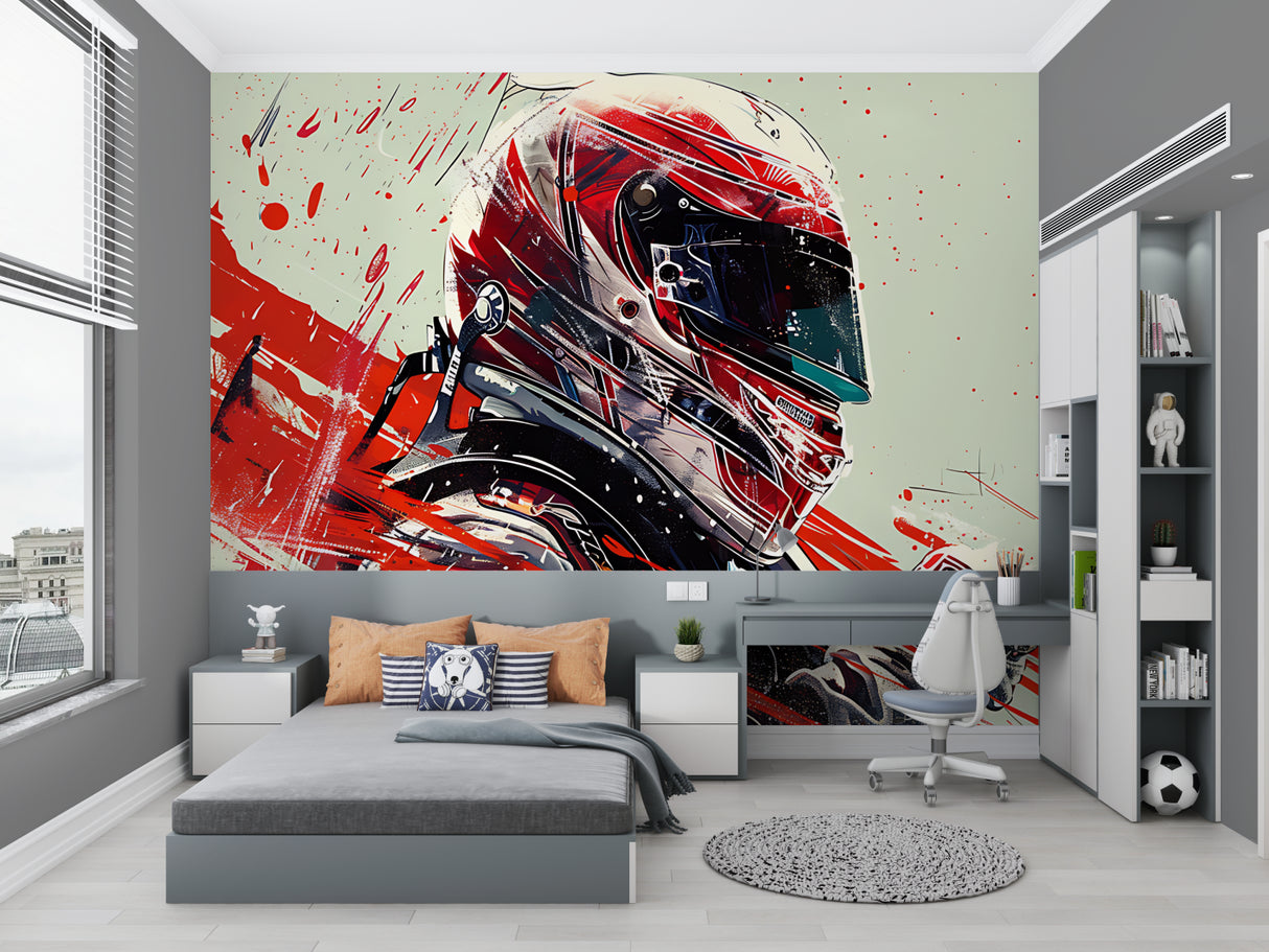 Racing sports wallpaper creates focal point in modern entertainment room setting