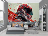Racing sports wallpaper creates focal point in modern entertainment room setting