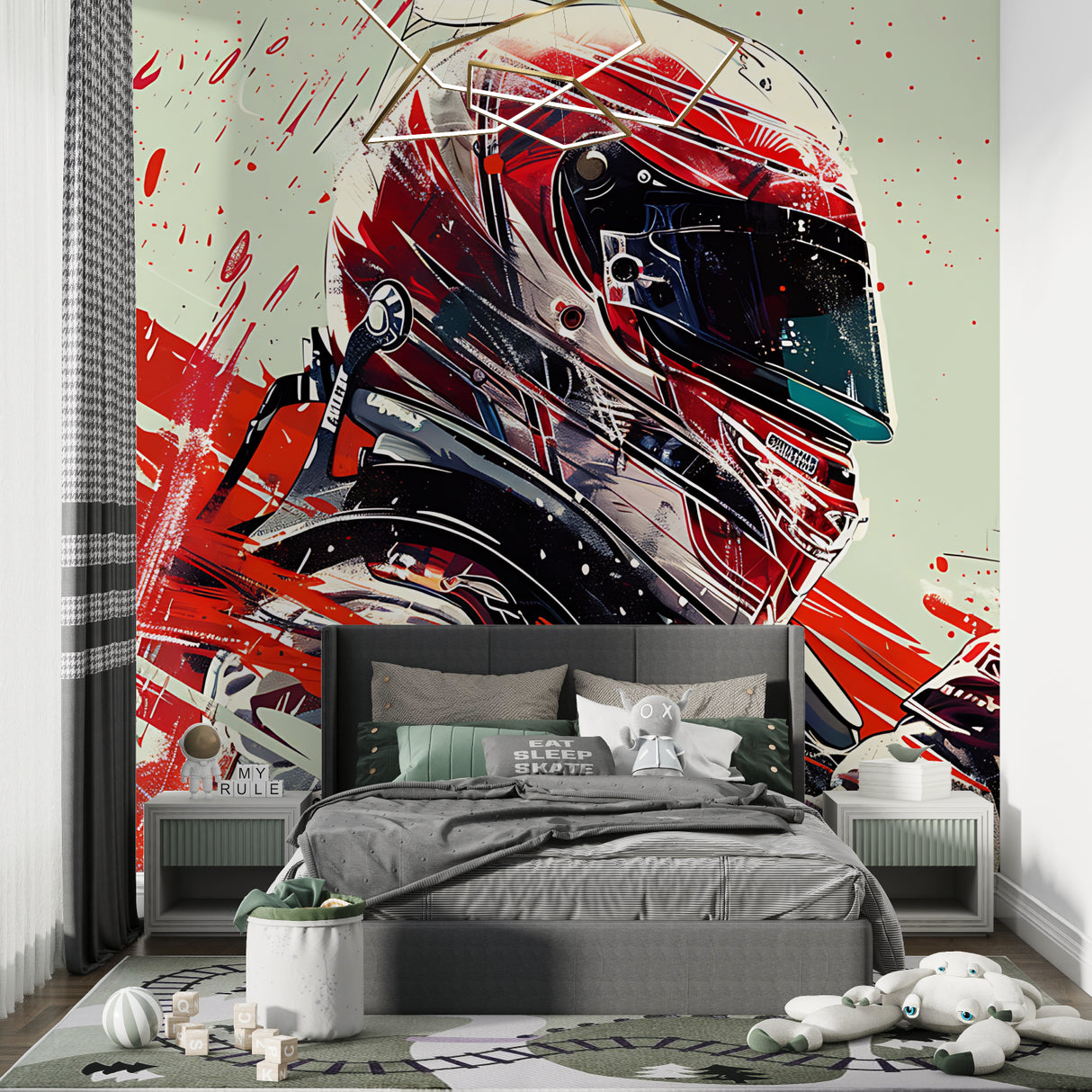 Motorsport themed wall mural adds energy to man cave with gaming setup