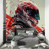 Motorsport themed wall mural adds energy to man cave with gaming setup