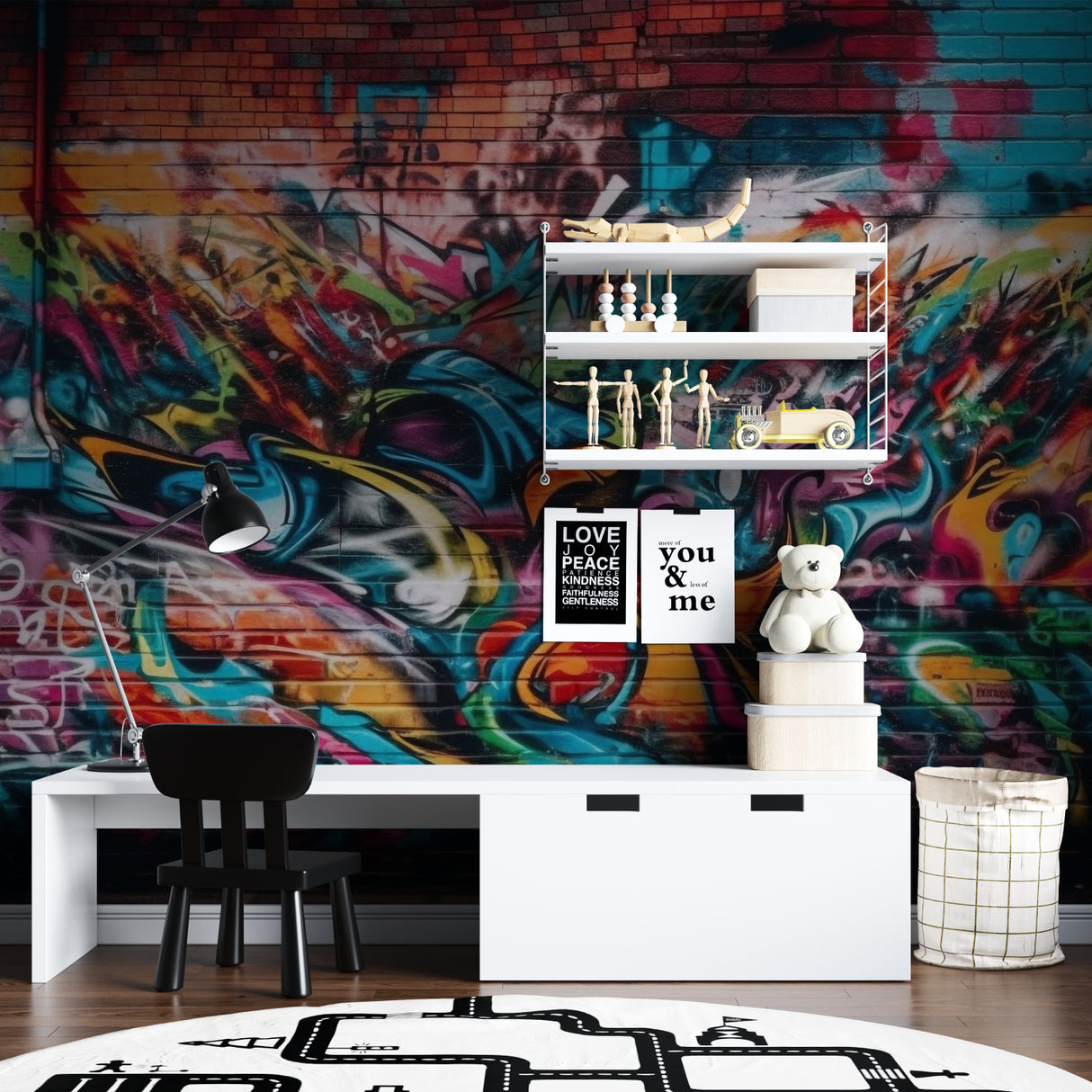 Space Skateboard Wallpaper creating an epic vibe in a modern teen bedroom with LED lighting
