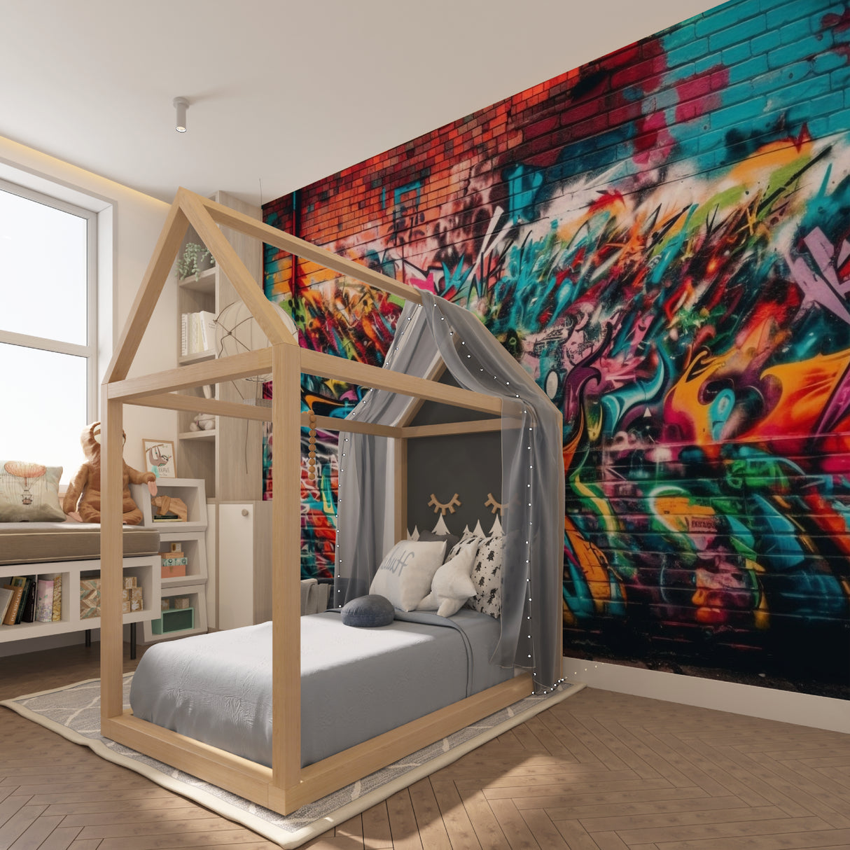 Urban sports wallpaper showcased in a gaming room with neon accents