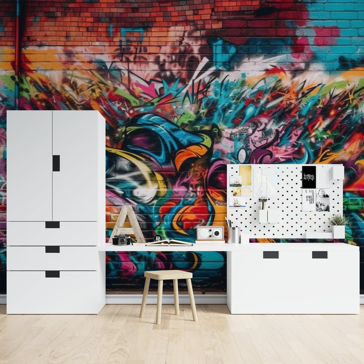 Space themed skateboard wallpaper transforming a home office corner