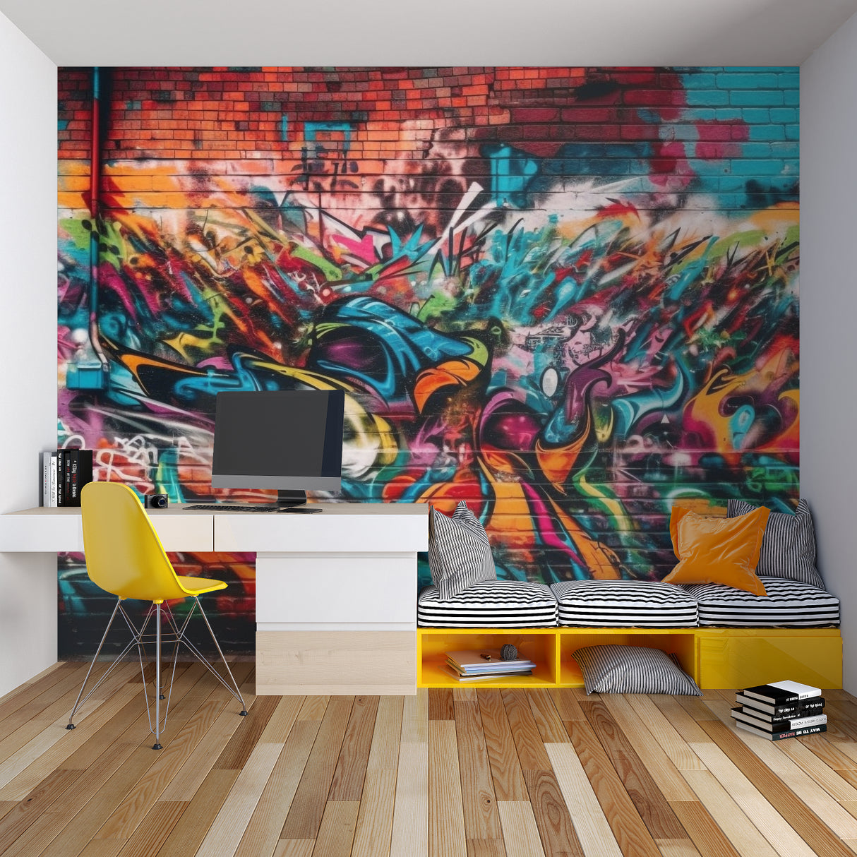 Cosmic skateboarding mural featured in a modern entertainment room