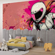 Street art motorcycle wallpaper creating bold impact in modern living room with gray sofa and minimalist decor