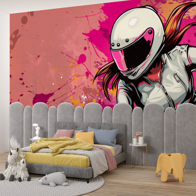 Street art motorcycle wallpaper creating bold impact in modern living room with gray sofa and minimalist decor