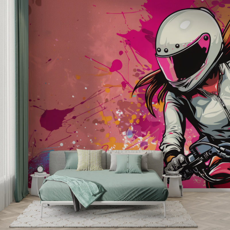 Urban motorcycle wall mural bringing energy to teen bedroom with contemporary furniture