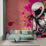 Urban motorcycle wall mural bringing energy to teen bedroom with contemporary furniture