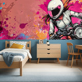 Motorcycle street art wallpaper transforming game room with modern gaming setup