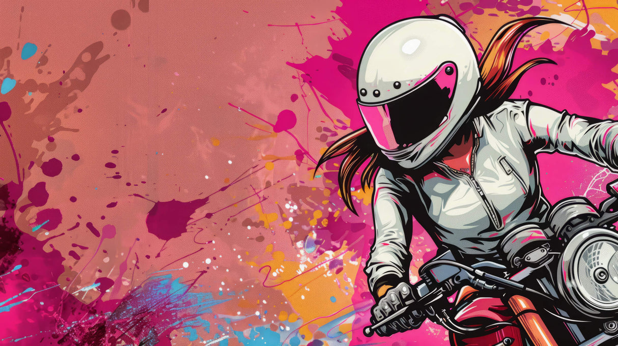 Design file of street art motorcycle mural showing vibrant pink and coral paint splatter effects