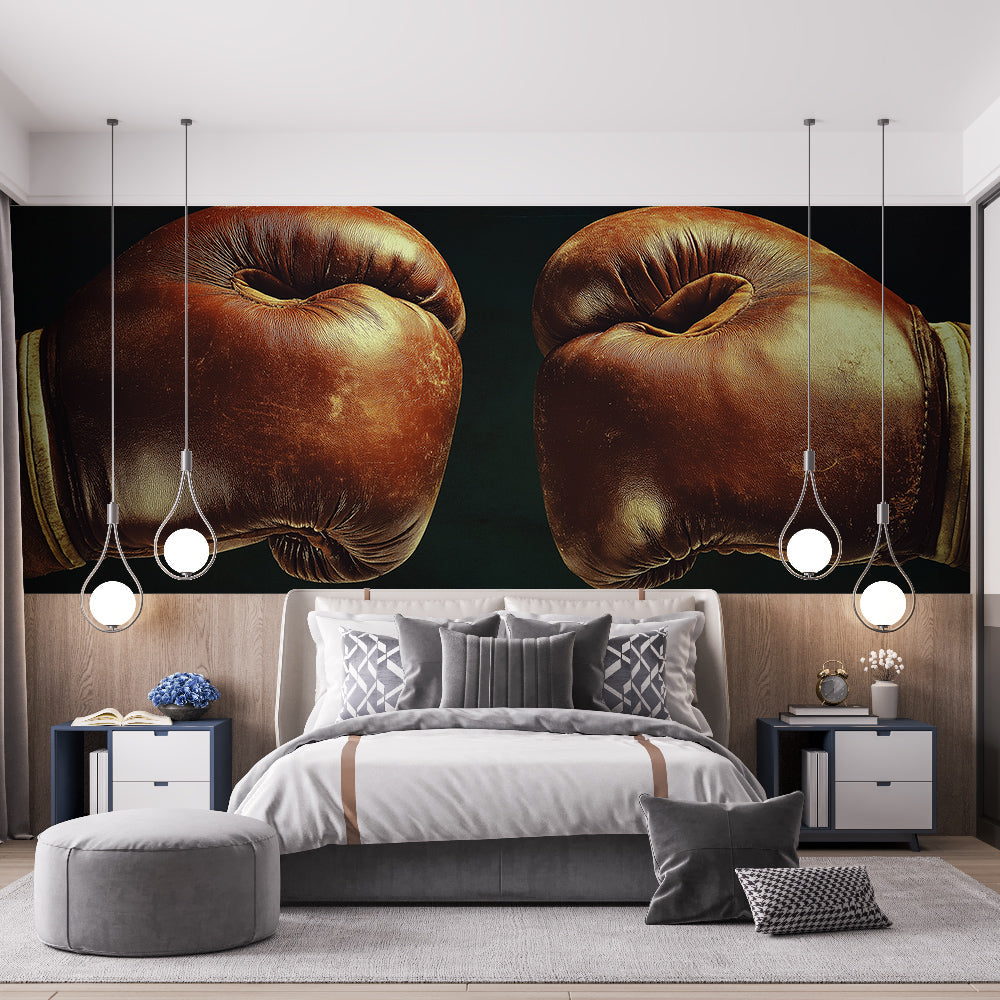 Vintage Boxing Gloves Wallpaper creating a powerful statement wall in an industrial-style home gym space