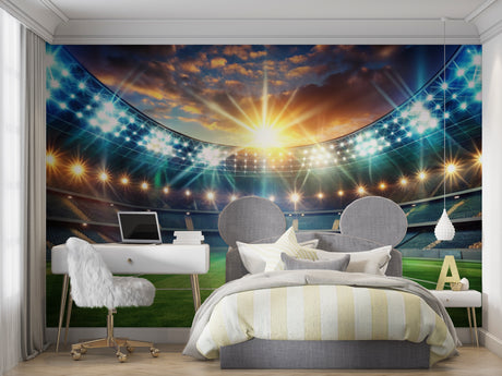 Football stadium wallpaper in modern living room showing dramatic night lights and green field view