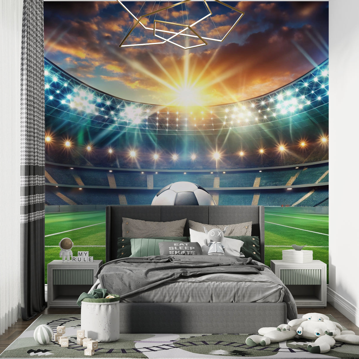 Stadium mural design creating depth in teen bedroom with arena lights