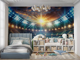 Sports bar featuring football stadium wallpaper with night game atmosphere