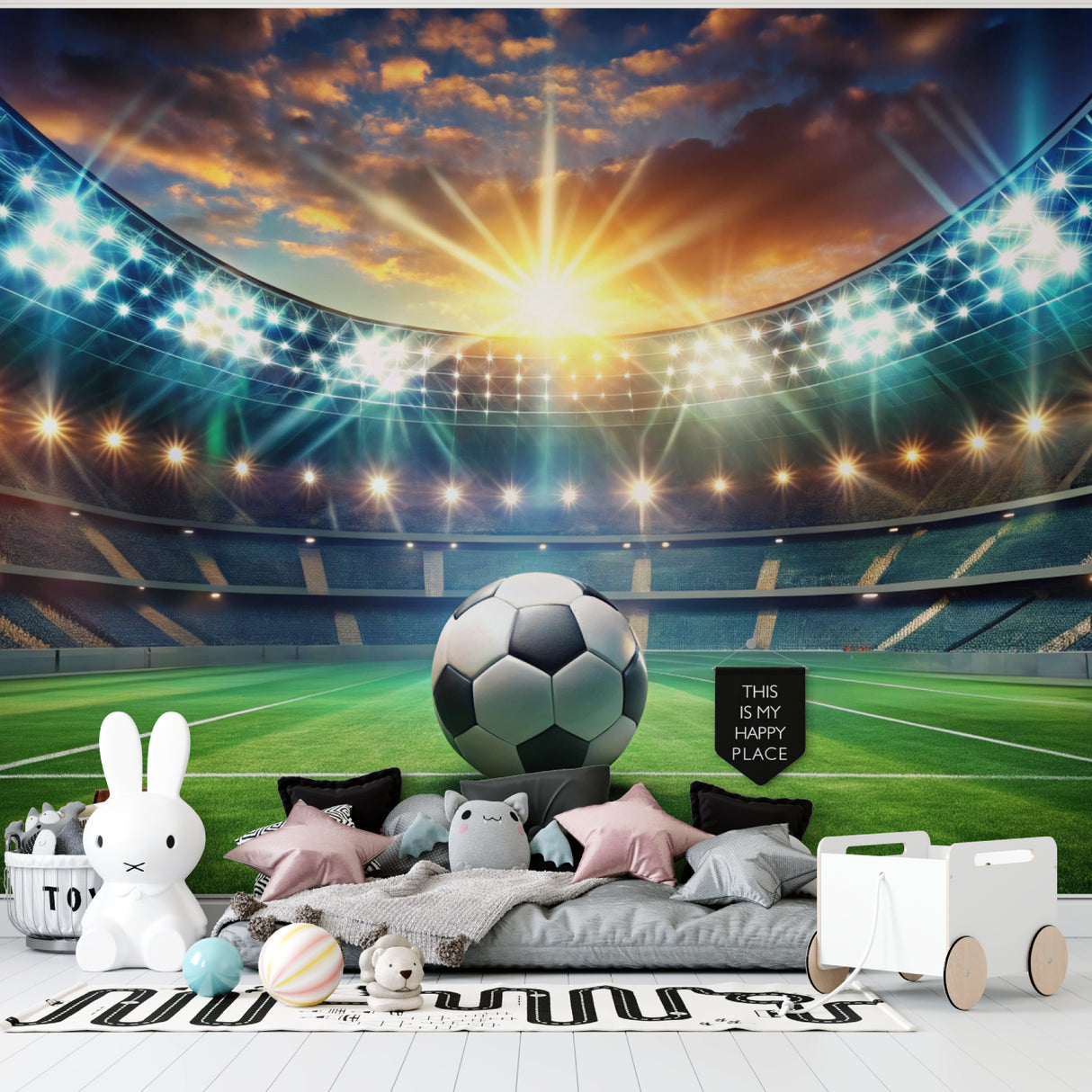 Game room transformed with football arena wallpaper showing grandstand views