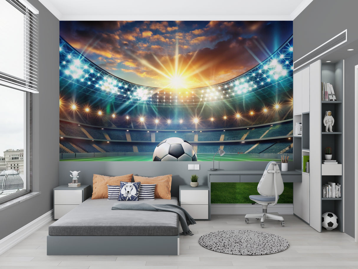 Man cave decorated with stadium mural wallpaper creating immersive sports environment