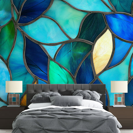 Stained glass wallpaper with blue and gold leaf pattern creating a stunning focal point in a modern living room with natural light