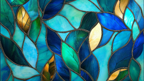 Art nouveau stained glass pattern design file showing intricate details of aqua and gold leaf mosaic