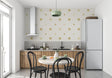 Golden star pattern wallpaper creating a magical atmosphere in a modern bedroom with neutral decor
