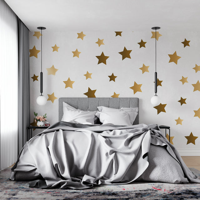 Golden star wallpaper bringing warmth to a modern living room with natural light