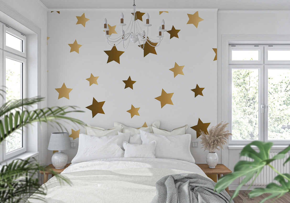 Star pattern mural creating depth in a dining room space