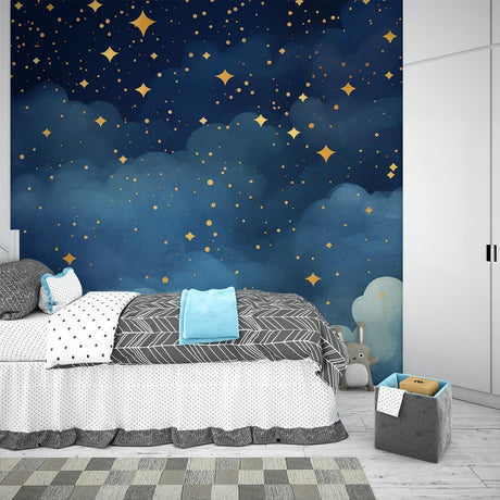 Starry night wallpaper creating a magical atmosphere in a cozy nursery with soft blue walls and golden star accents