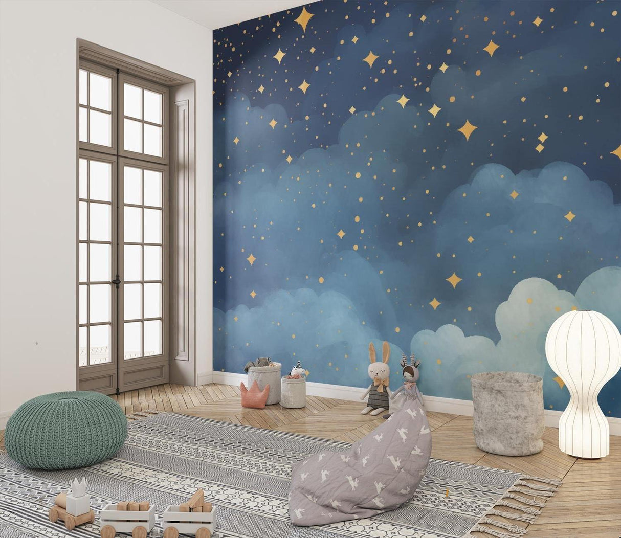 Night sky mural wallpaper transforming a children's bedroom with dreamy blue clouds and shimmering golden stars