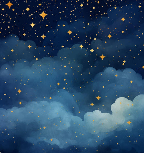 Design file of celestial wallpaper pattern showing detailed blue clouds and golden star arrangement