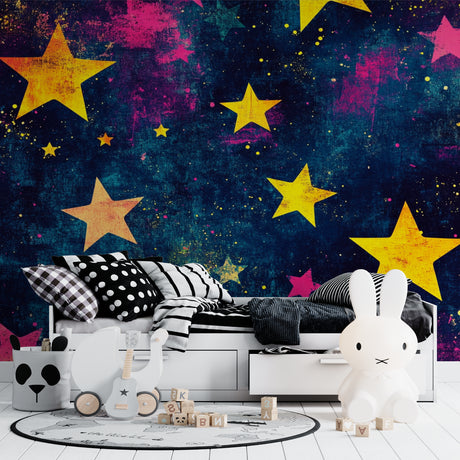 Stars galaxy wallpaper in cozy kids bedroom with soft lighting showing magical nighttime effect