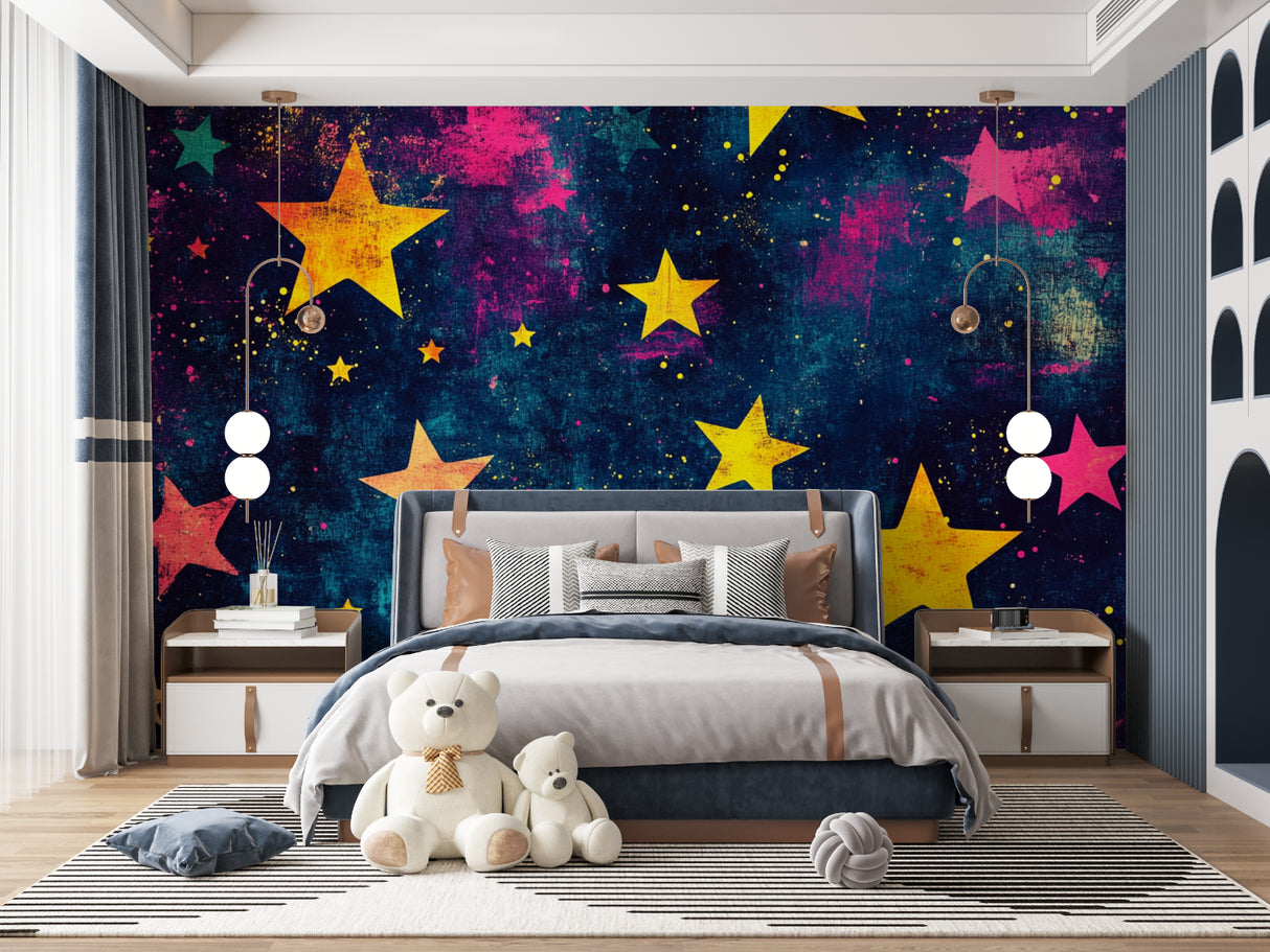 Galaxy stars mural in modern playroom with reading nook creating dreamy atmosphere