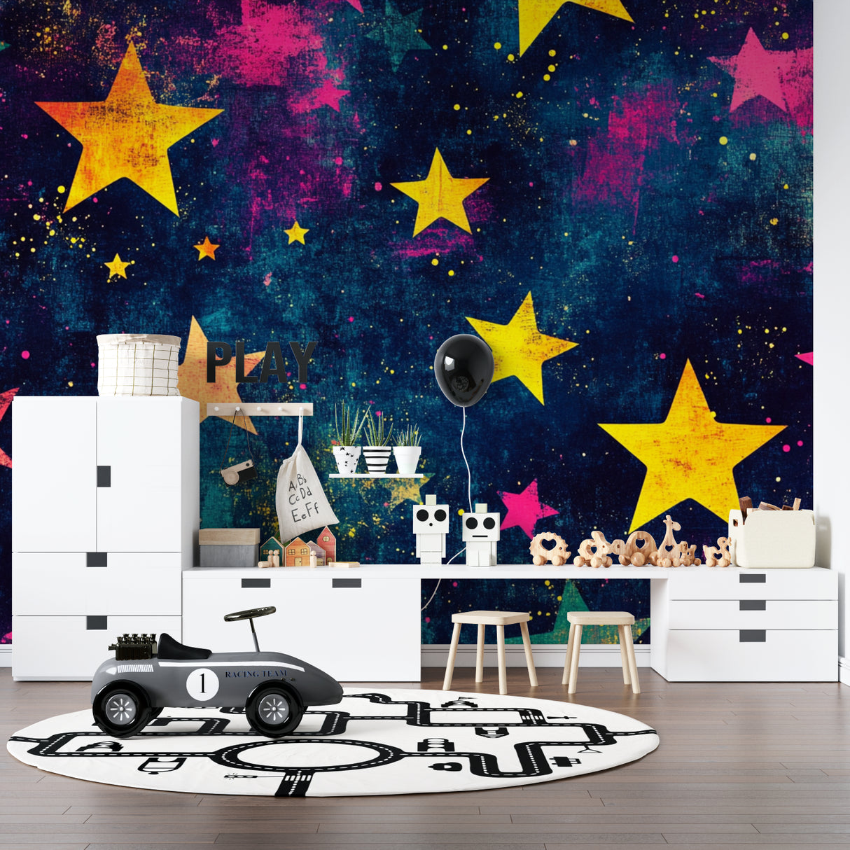 Stars and nebula mural in nursery showing soft golden and blue tones
