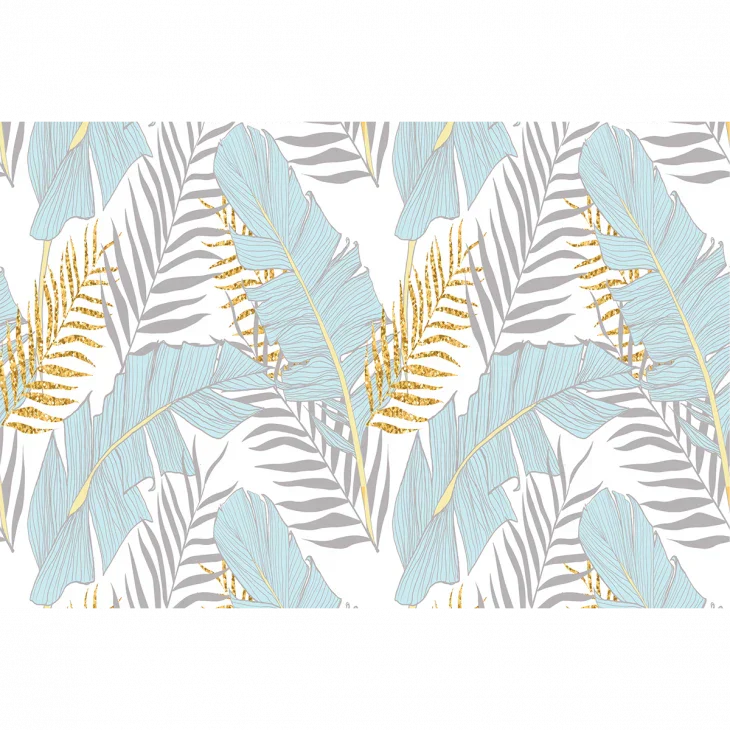 Tropical Mural Wallpaper | Pastel Blue and Gold Palm Leaves
