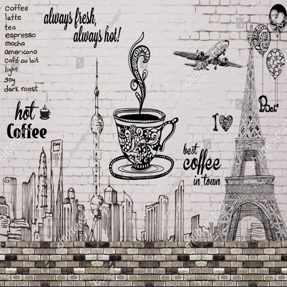 Coffee Shop Mural Wallpaper | Paris Skyline with Vintage Menu Design