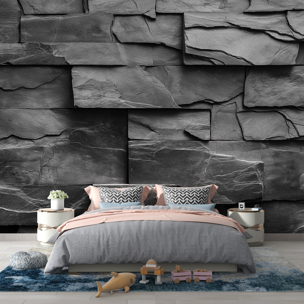 Modern living room featuring dramatic Black Slate Stone Wallpaper creating depth and texture on accent wall