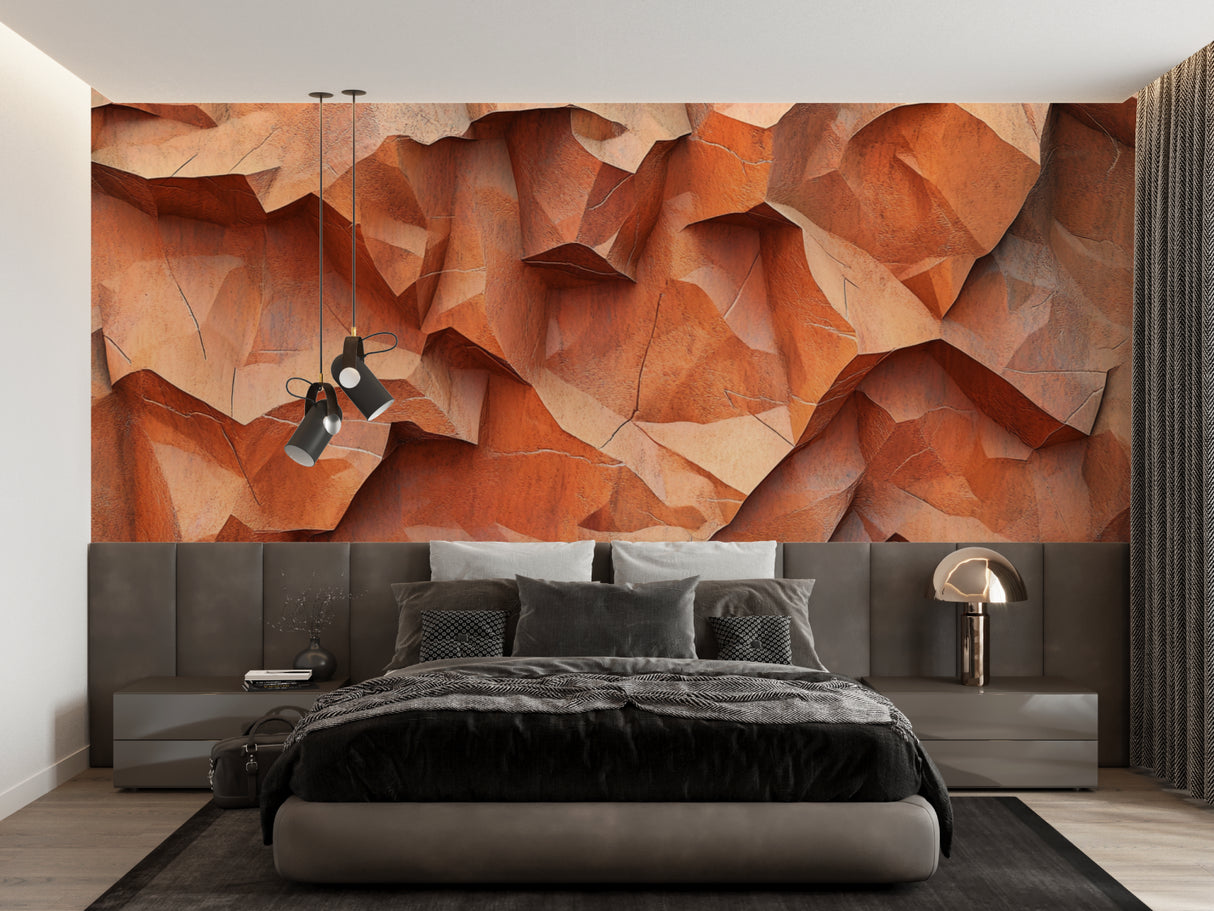 3D terracotta wallpaper detail showing textural effect in bedroom setting
