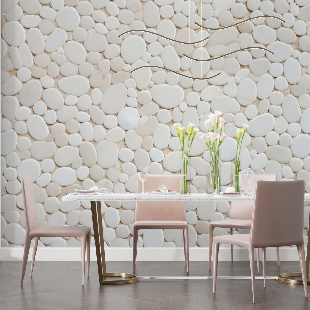 3D White Pebble Wallpaper creating a spa-like atmosphere in a modern bathroom