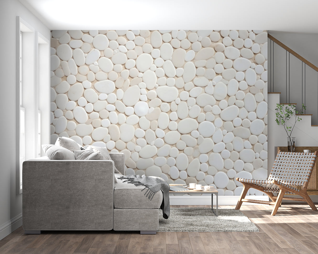 White pebble wall mural adding depth to a peaceful living room