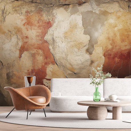 Stone mural wallpaper creating a stunning accent wall in a modern dining room with warm terracotta tones
