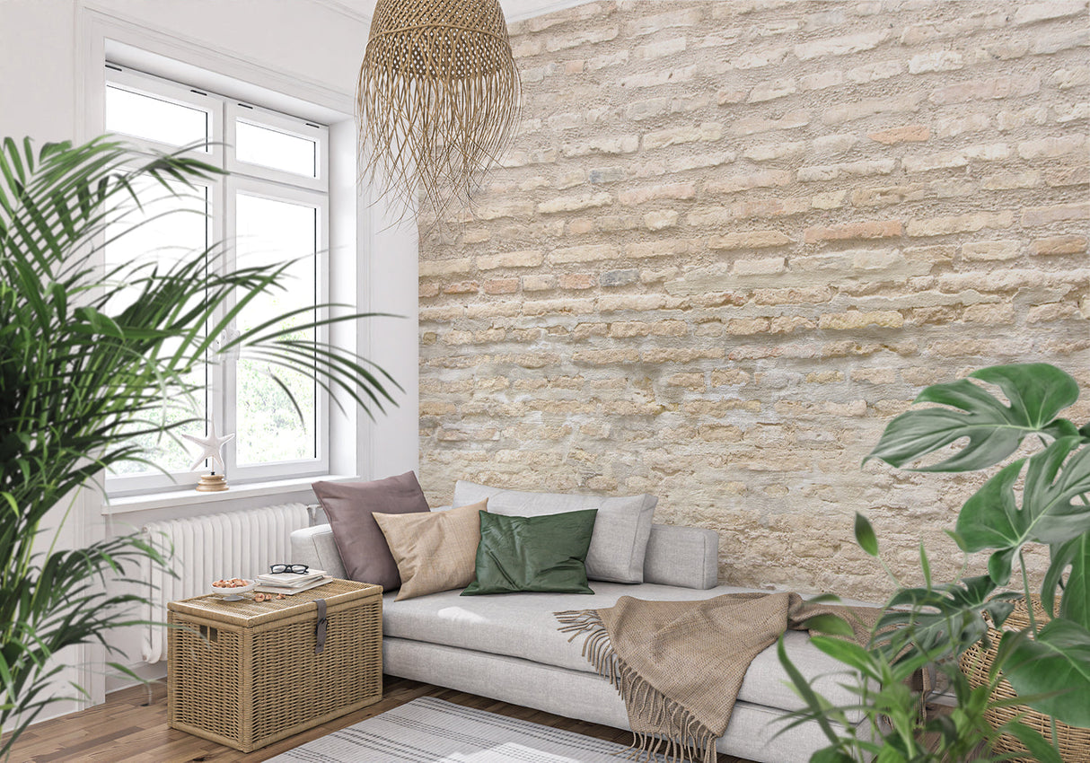 Stone effect wallpaper in modern living room showcasing beige brick texture and natural depth