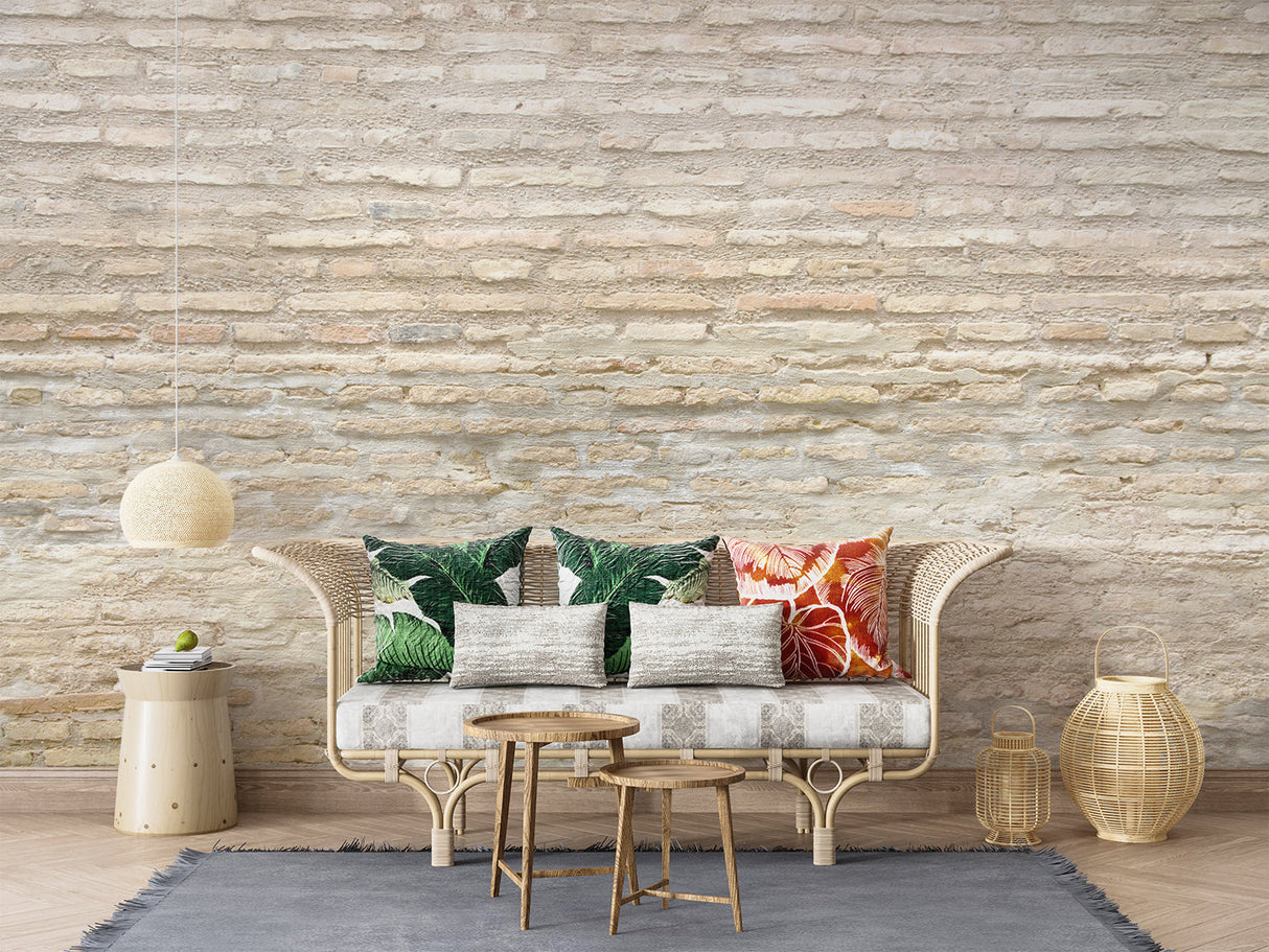 Beige stone wall mural creating warm atmosphere in dining room setting