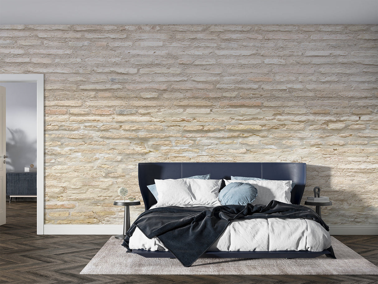 Beige brick mural wallpaper bringing warmth to bedroom interior