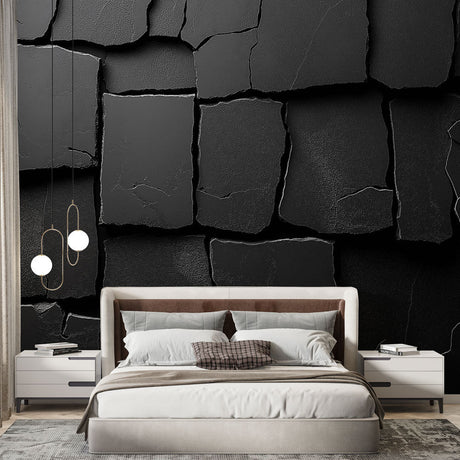 Black stone textured wallpaper creating dramatic accent wall in modern living room with sleek furniture