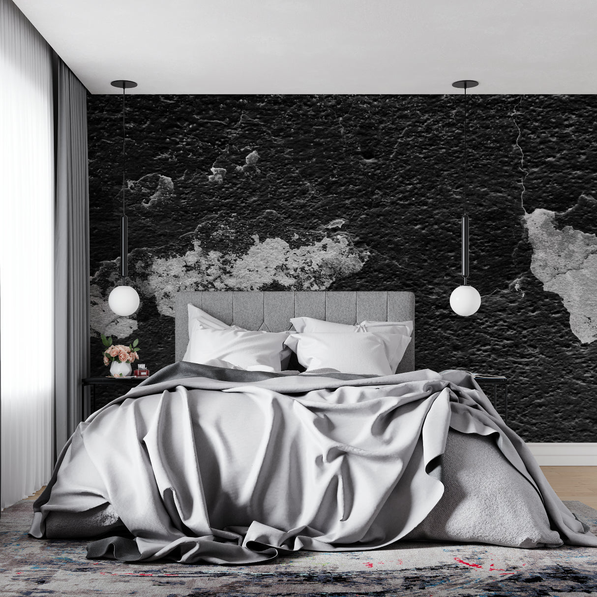 Industrial stone wall mural showcased in minimalist bedroom setting